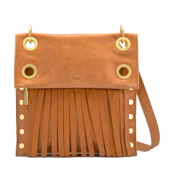 Hammitt Montana Saddle Brown Zip Suede Gold Reverse Leather Bag Handbag Purse NW - Picture 2 of 8